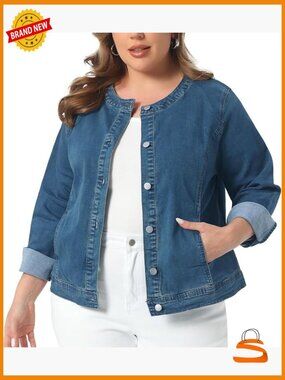 Plus Size Collarless Denim Jacket Button Down Cargo Shacket w/ Pockets